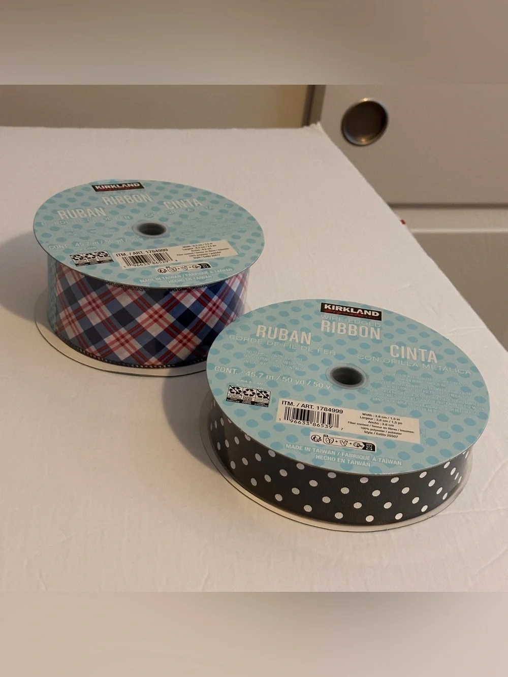 Kirkland Signature Wired-Edged Ribbon Blue Red Plaid Black White Dot 50 Yard New